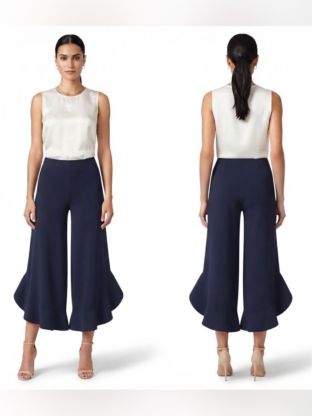 NWT Susana Monaco Cropped Ruffle Flare Pants Navy Blue Small Sample Piece